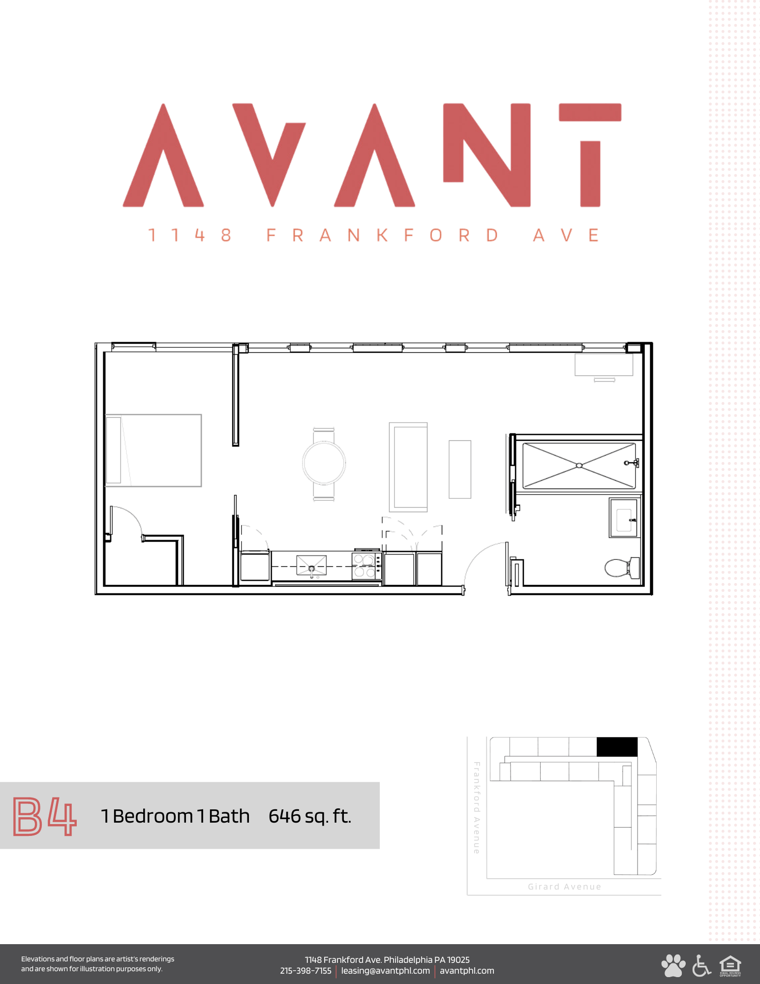 Floor plan for 1 bed, 1 bath, 646 sqft